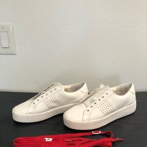New Michael Kors leather sneaker, size 8.5, never worn, white, red lace.
